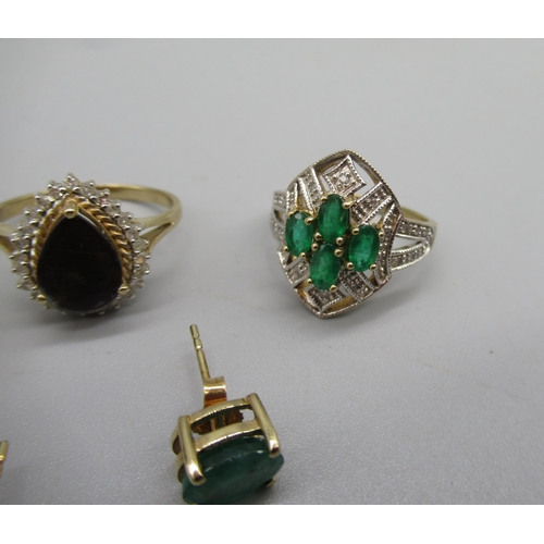 21 - 9ct yellow gold Art Deco style ring set with diamonds and green glass, size P, two more gold rings, ... 