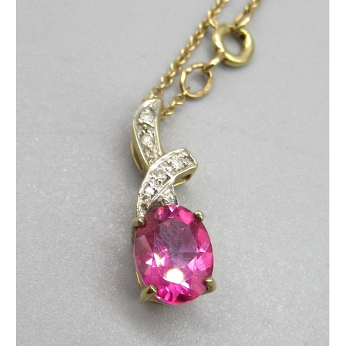 22 - 9ct yellow gold ring set with pink topaz, size O, a 9ct gold necklace, the pendant set with pink sto... 