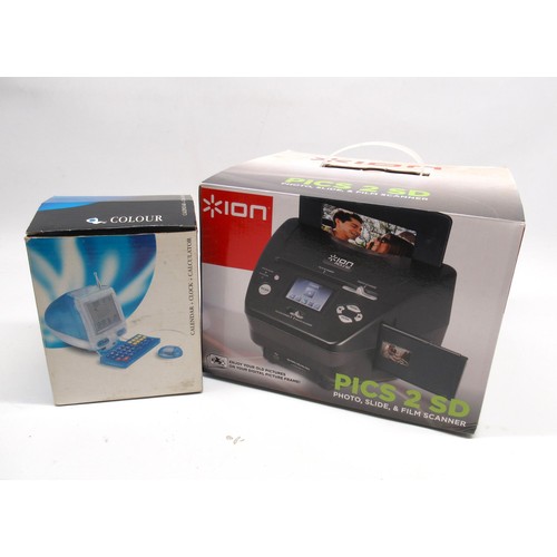 304 - Ion 'pics to SD' photo, slide and film scanner, and alarm clock and calendar in the form of a miniat... 