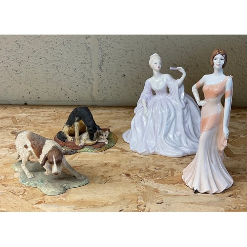 258 - Two Coalport ladies of fashion figures, Border Fine Arts Springer spaniel and a Beswick Alsatian