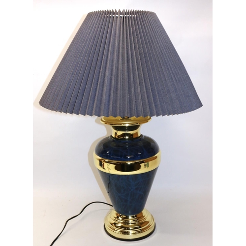 139 - Large blue and gold touch operated table lamp, with shade, H76cm