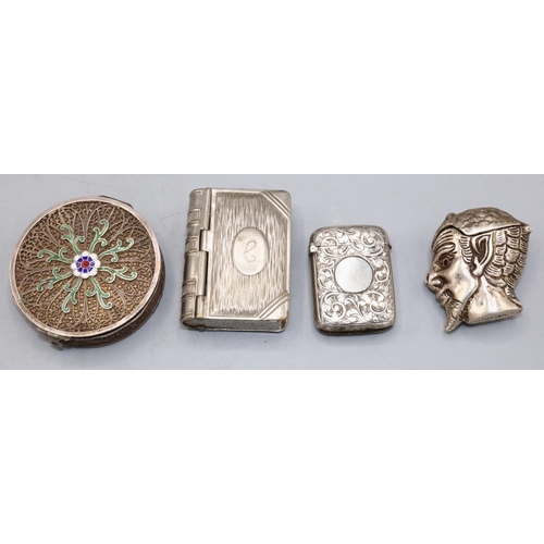 166 - Three silver vesta cases and a filigree unmarked metal powder box with decorative enamel, silver ves... 