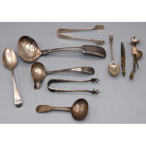 168 - Collection of silver ladles, sugar tongs, spoons, five cocktail skewers & a metal compass, all silve... 