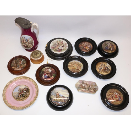 200 - Collection of C19th transfer decorated Pratt ware, predominantly mounted pot lids, incl. 'Il Pensero... 