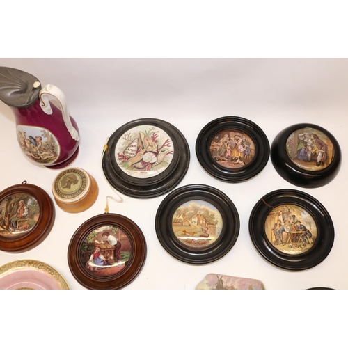 200 - Collection of C19th transfer decorated Pratt ware, predominantly mounted pot lids, incl. 'Il Pensero... 