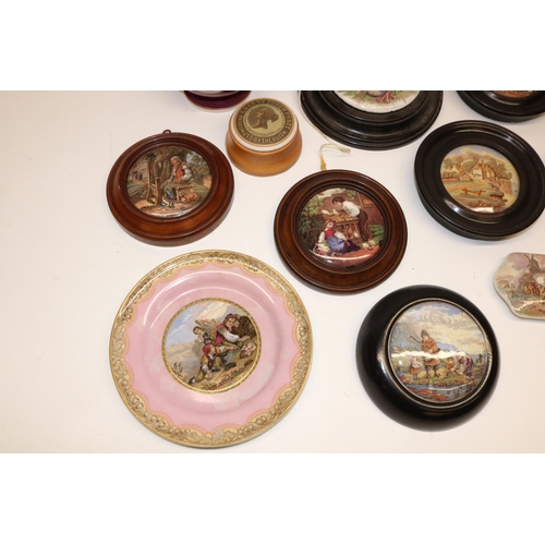 200 - Collection of C19th transfer decorated Pratt ware, predominantly mounted pot lids, incl. 'Il Pensero... 