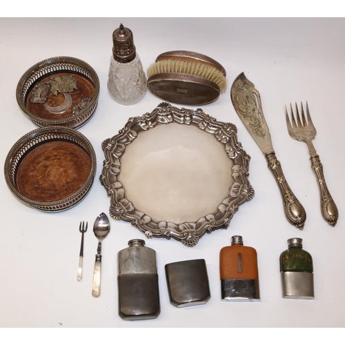 201 - Collection of silver and silver plate incl. a glass sugar sifter with silver top, two silver mounted... 