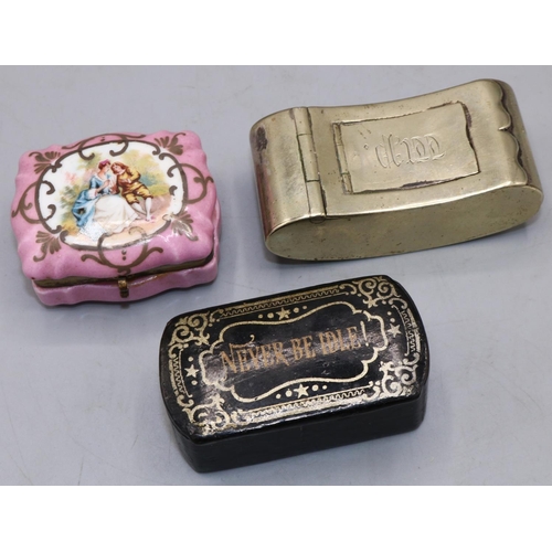 61 - Three snuff boxes. features a two compartment Georgian brass snuff box, a pink decorative enamelled ... 