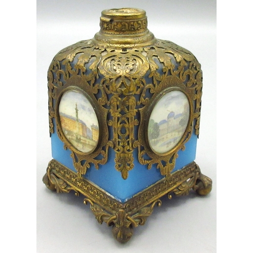 101 - C19th Palais Royal gilt metal mounted blue opaline glass scent bottle, set with four images of Paris... 