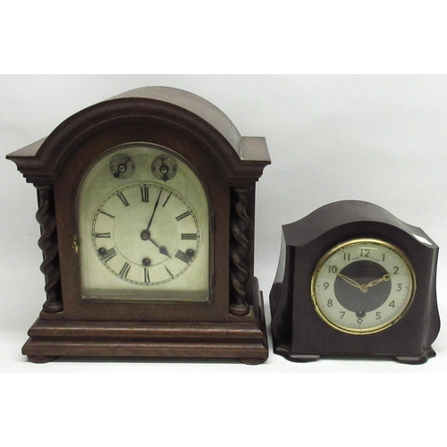 1011 - Kienzle C20th oak Westminster chiming mantel clock with barley twist columns and silvered dial, seri... 