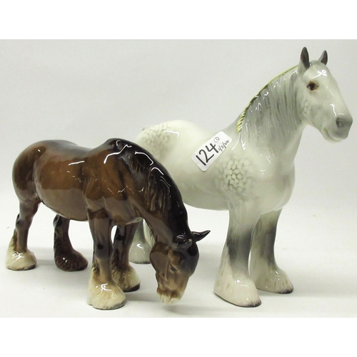 124 - Beswick - Shire Mare No. 818 in grey gloss, with yellow ribbon, and Grazing Shire No. 1050 in brown ... 