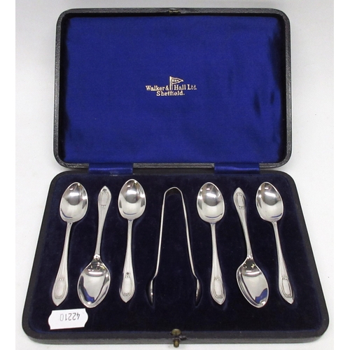 158 - Cased Art Deco set of Silver teaspoons with sugar tongs, Sheffield, 1922, Walker & Hall Ltd, L10.5cm... 