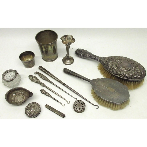 159 - Collection of various silver including button hooks, Hair brush x2, silver cups, silver pomander, et... 