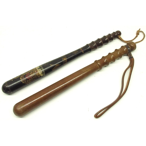 199 - Two police truncheons - a C19th painted Liverpool truncheon, decorated with a crown above VR, Liverp... 