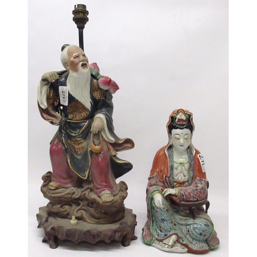 271 - Chinese C20th porcelain figural lamp base, and a similar figure, max. H40cm (2)