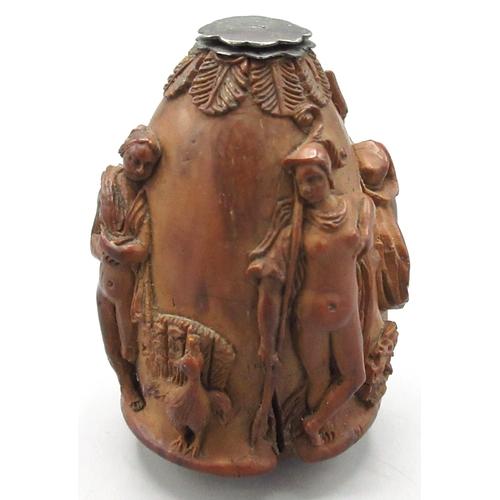 99 - Early C19th coquilla nut scent bottle, deep relief carved with nude classical figures and a peacock,... 