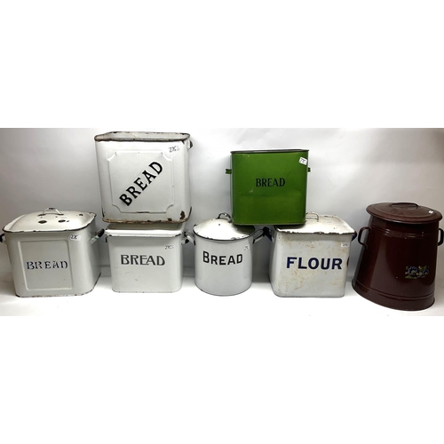 275 - Seven large enamel food containers incl. bread bins, flour bins, etc. (7)