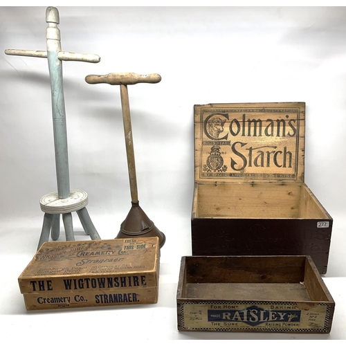 277 - Colman's Starch wooden crate, L27.5cm; a Wigtownshire Creamery Stranraer cardboard box; a Raisley ra... 