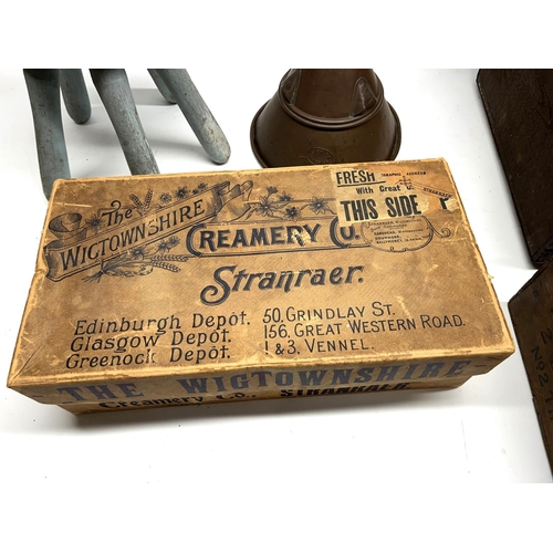 277 - Colman's Starch wooden crate, L27.5cm; a Wigtownshire Creamery Stranraer cardboard box; a Raisley ra... 