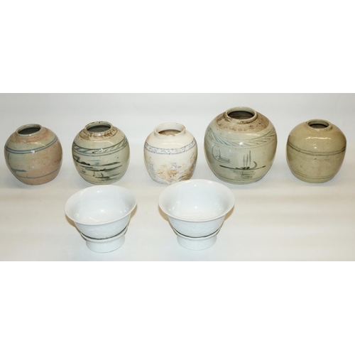 1069 - Five Provincial Chinese ginger jars, max. H14.5cm, and a pair of white glazed rice bowls with rotati... 