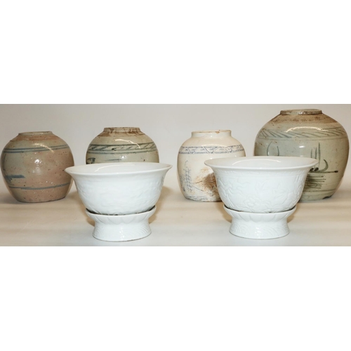 1069 - Five Provincial Chinese ginger jars, max. H14.5cm, and a pair of white glazed rice bowls with rotati... 