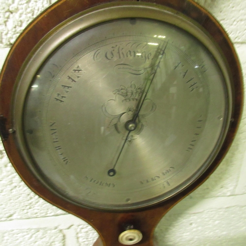 1077 - C19th flame mahogany wheel barometer, boxwood stringing, with dry damp indicator, thermometer box, m... 