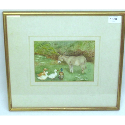 1081 - Watercolour of donkey with ducks signed by Megan Hulbert, 32.9cm x 37cm