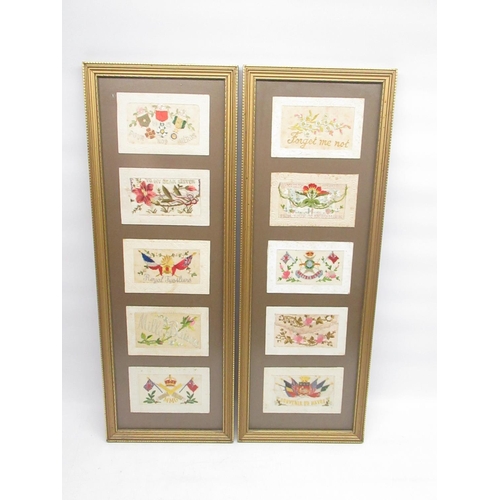 1083 - Group of 10 WW1 fabric postcards, framed in 2 matching picture frames (5 in each), H64cm W23cm