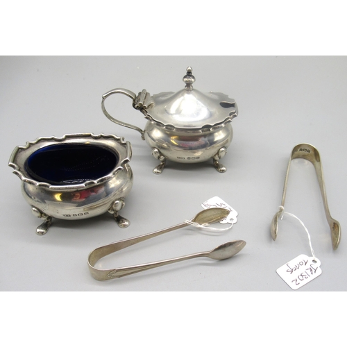 172 - Hallmarked Sterling two piece silver set, with shaped rectangular border and blue glass liner, by  E... 