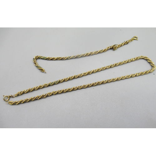 193 - 9ct multi tone gold rope twist necklace and bracelet, 13.42g