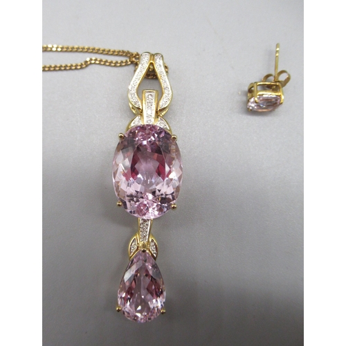 48 - 9ct yellow gold ring set with kunzite and diamonds, size O, with matching pendant necklace and stud ... 