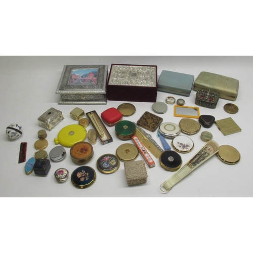 1110 - Collection of mixed compacts inc. Stratton, jewellery boxes, Estyma travel alarm clock, etc.