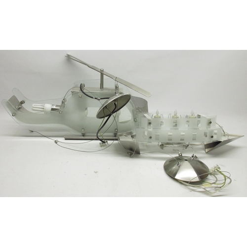 384 - Two novelty light fittings, in the form of a helicopter and a boat, max. L60cm (2)