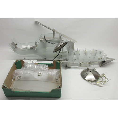 384 - Two novelty light fittings, in the form of a helicopter and a boat, max. L60cm (2)