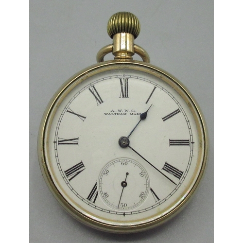 74 - Waltham Riverside presentation 14K rolled gold open face pocket watch, signed white enamel Roman dia... 