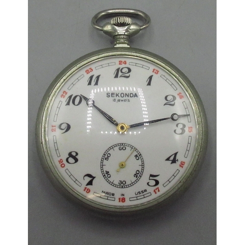 75 - Sekonda plated open face pocket watch, signed white Arabic dial with subsidiary seconds, snap on bez... 