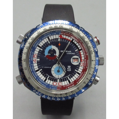 78 - Sorna Chrono World Time tachymetric stainless steel wristwatch with date, signed blue dial with subs... 