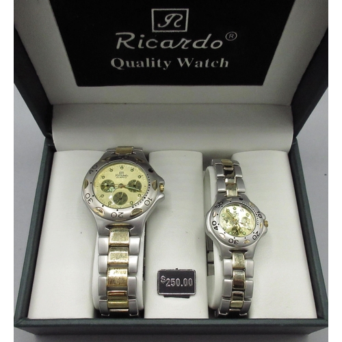 93 - Boxed Ricardo stainless steel and gold plated ladies and gents quartz sports wristwatches D40mm and ... 