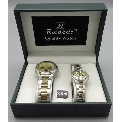 93 - Boxed Ricardo stainless steel and gold plated ladies and gents quartz sports wristwatches D40mm and ... 