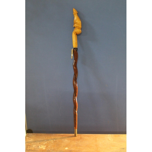 1173 - David Hames - a walking stick with twist carved shaft and rodent carved handle, signed on metal ferr... 