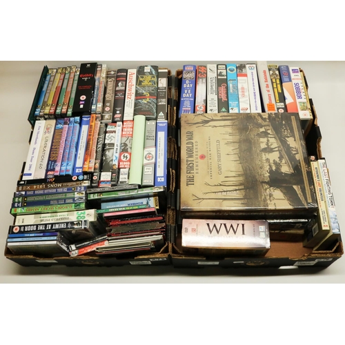 353 - Large collection of DVDs, VHS tapes, CDs, etc. relating to the history of WWII and WWI (6 boxes)