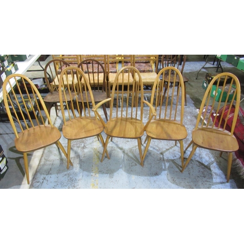 1198 - Set of five arched stick back dining chairs, on splayed supports, including one armchair, some with ... 