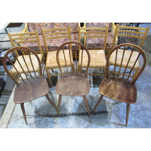 1206 - Set of four beech ladder back dining chairs with rush seats and a set of three vintage dark Ercol di... 