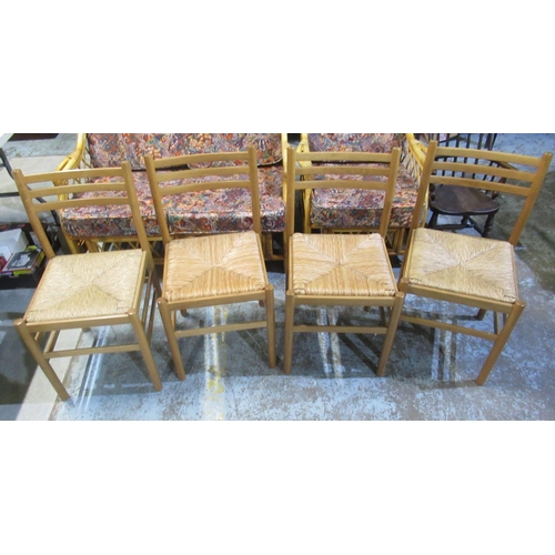 1206 - Set of four beech ladder back dining chairs with rush seats and a set of three vintage dark Ercol di... 