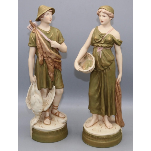 176 - Pair of Royal Dux figures - huntsman and fisherwoman, shapes 2065 & 2066, max. H34cm (2)