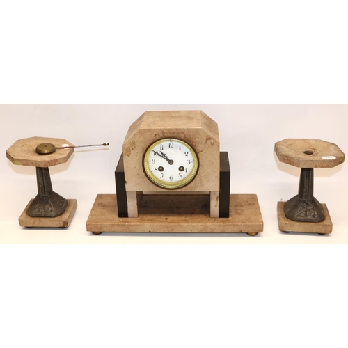 213 - J.S. France Art Deco fawn marble and slate three piece clock garniture, white enamel Arabic dial, tw... 