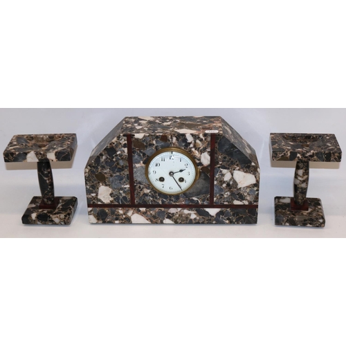 214 - Japy Freres et Cie, Art Deco marble three piece clock garniture, white enamel Arabic dial, two train... 