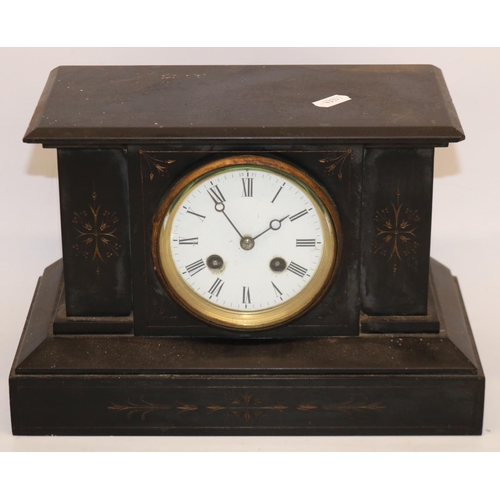 215 - French C19th slate mantel clock, white enamel Roman dial, two train rack striking movement on a bell... 