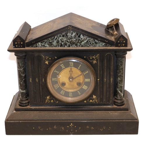 216 - J. J. S. C19th French slate and marble mantel clock, stepped dial with brass centre and Roman chapte... 