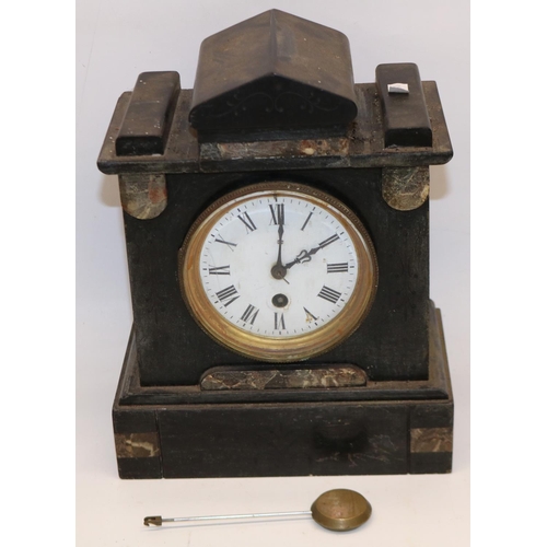 217 - C19th French slate and marble mantel timepiece, white enamel Roman dial, unsigned single train movem... 